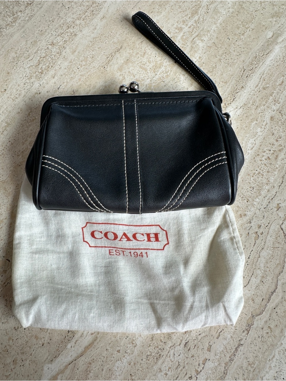 Coach Black Leather Kiss-Lock Wristlet with Contrast Stitching